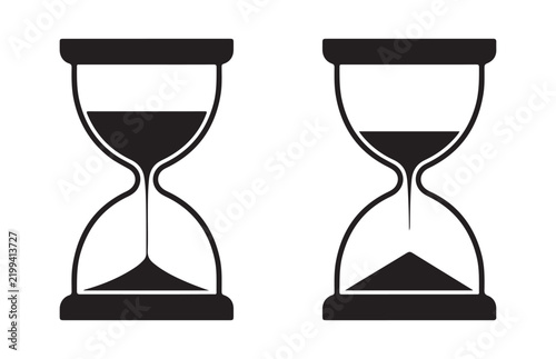 Black hourglass icons with sand flowing between glass bulbs showing time measurement and deadline management.
