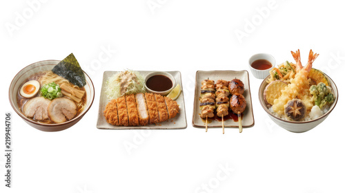 A collection of traditional Japanese dishes including ramen, tonkatsu, yakitori, and tempura, isolated on transparent background. Gourmet food assets for menu design concepts.