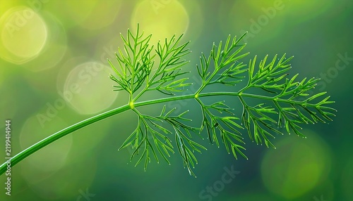 Fresh green dill sprig with delicate feathery leaves on natural stem