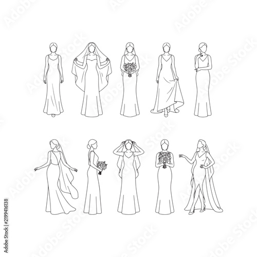 Set of sketch illustrations featuring beautiful brides in wedding dresses