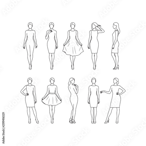 Set of ten fashion sketches of women wearing simple dresses in poses