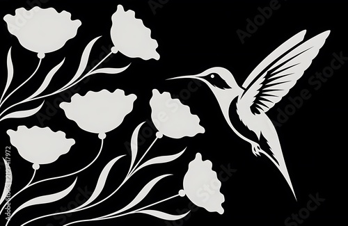 Hummingbird flying among white flowers illustration