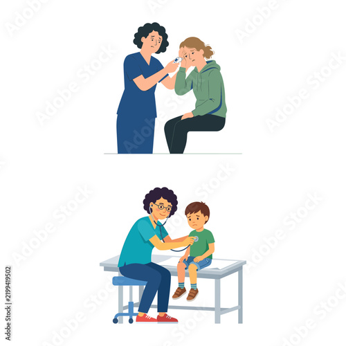 Set of medical illustrations depicting a female doctor examining patients
