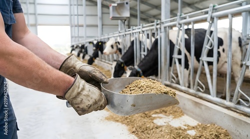 Scooping Feed for Holstein Cows in Modern Dairy Barn
