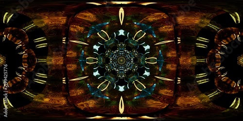 Hypnotic VR 360 mandala formed from sacred geometry as an equirectangular environment map, made for spiritual dome projection, metaverse experiences, seamless VJ loops and HDRI spherical map