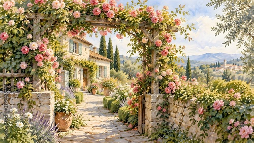 Watercolor rose arbor garden gate with stone cottage, pink climbing roses, and countryside landscape painting
