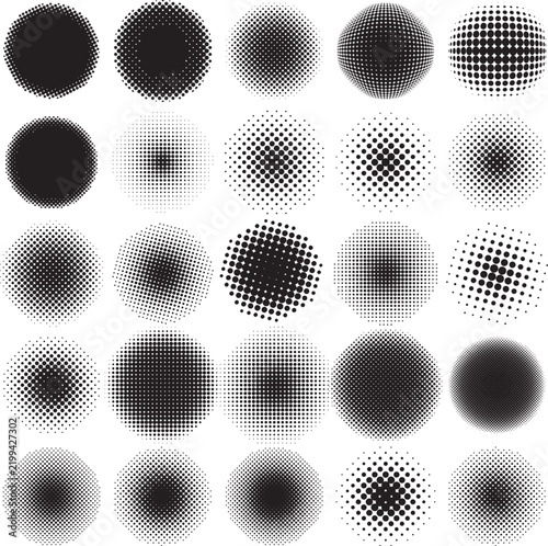 Set of round halftone elements for retail icons, text holding devices or other design elements
