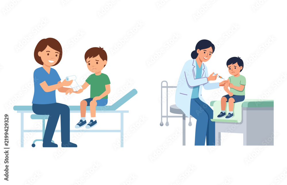 Fototapeta premium Young Children Receiving Medical Care and Vaccinations from Healthcare Professionals
