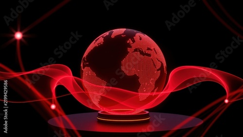 Red glowing globe sits atop pedestal. Swirling light beams surround sphere, creating futuristic visual. Dark background emphasizes illumination.