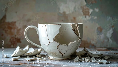 Broken white teacup with separated handle, cracks and scattered ceramic pieces