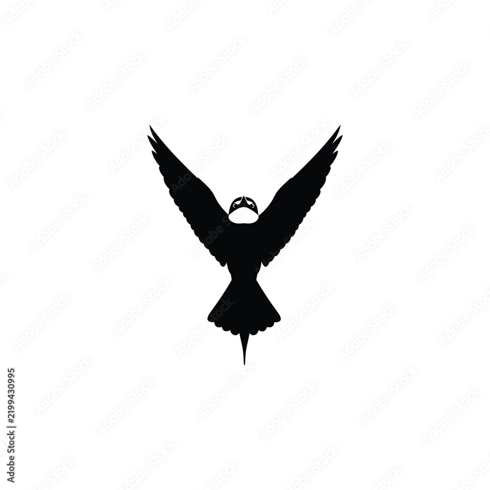 Fototapeta premium Black bird silhouette flying directly toward the viewer with wings fully spread, isolated on white background, dramatic wildlife symbol representing freedom, flight, nature and strength