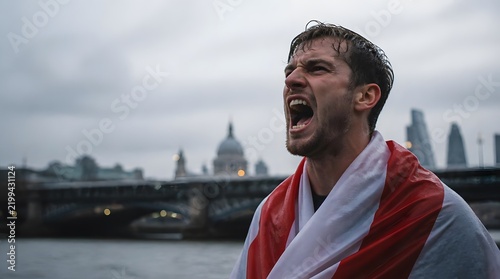 Male Runner Celebrating Victory After Completing Marathon in Urban City During Exciting Competition