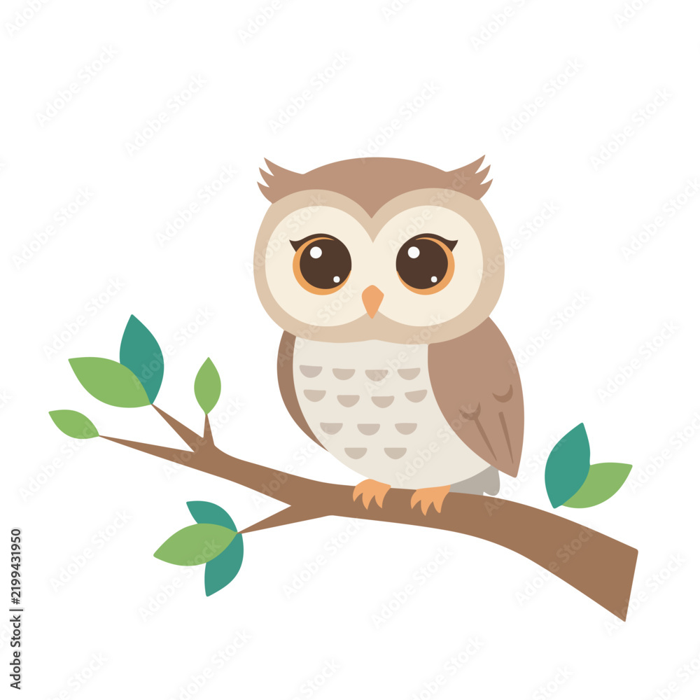Obraz premium A cute vector illustration of an owl with large brown eyes perched on a leafy brown branch against a white background.