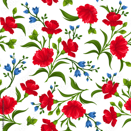 Red carnation flowers create a bright floral seamless pattern on a clean white background.