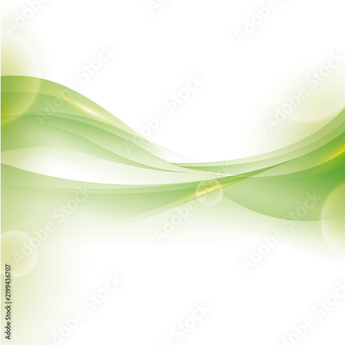 Green abstract wave lines create a smooth modern vector background with light bokeh circles.