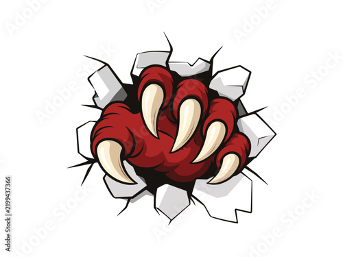 Red Monster Claw Breaking Through Wall, Horror Creature Hand Cartoon Vector Illustration.