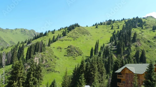 Wooden chalet resort surrounded by pine trees in lush green mountain valley under clear blue sky on bright sunny day, camera panning down wide shot