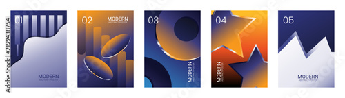 Set of five modern abstract posters with geometric shapes, gradient colors, and minimalist design elements for creative business branding, flyers, banners, and digital marketing materials