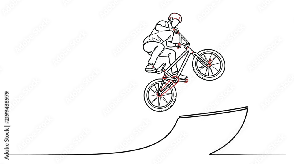 Fototapeta premium Continuous line drawing of a bmx rider performing a stunt