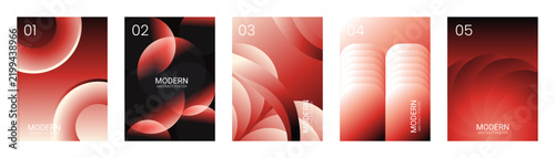 Set of five modern abstract posters with red and black gradient geometric shapes, circles, and rounded rectangles, minimalist design for flyers, banners, or covers