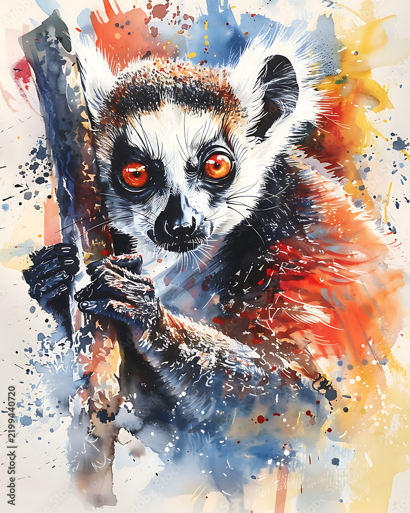 Obraz premium A whimsical watercolor illustration of a playful lemur with big, curious eyes and a playful expression.