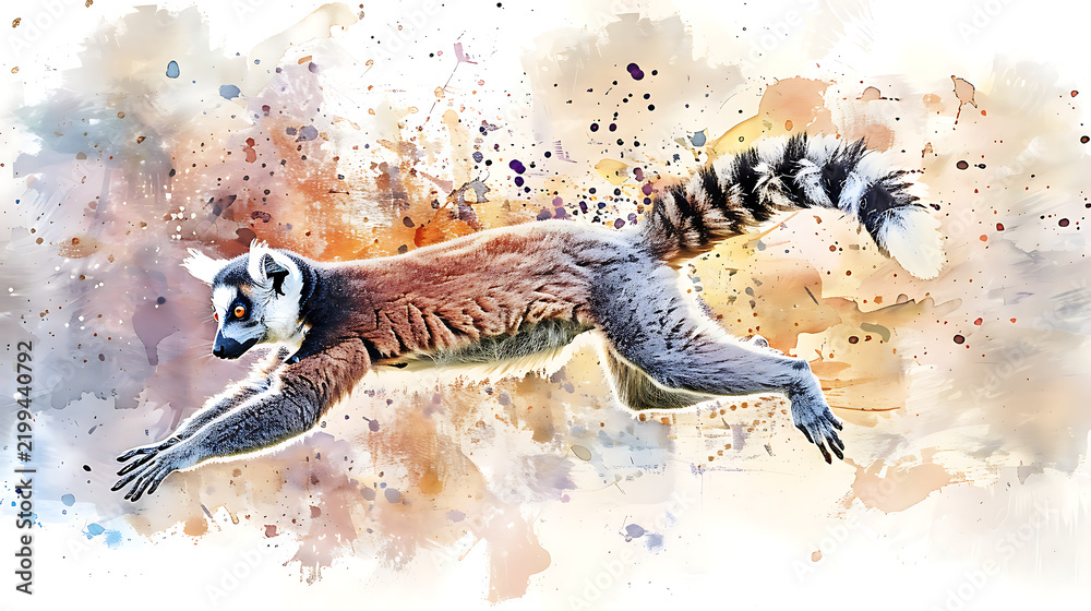 Obraz premium A whimsical watercolor illustration of a playful jumping lemur, dynamic pose, curling tail.