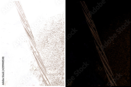 Obraz na płótnie Dual contrast split view showing a textured metal rope diagonal line against bri