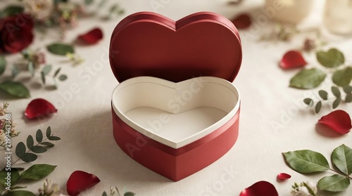Open Red Heart-Shaped Gift Box with Scattered Rose Petals