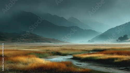 A soft, blurred natural landscape background with green and brown tones isolated on white background.