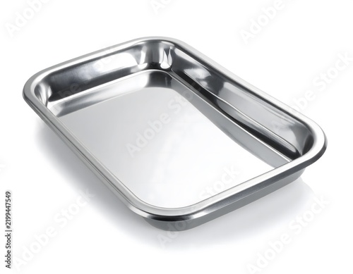 Empty rectangular metal medical stainless steel tray isolated on white background