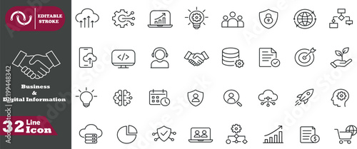 Business and Digital Information Line Icons Set – Technology, Data and Management