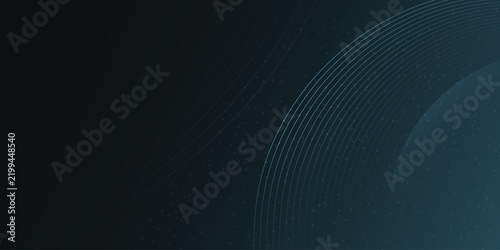 Abstract dark blue curved line wave background with glowing arc and particles, futuristic technology or corporate banner design with copy space