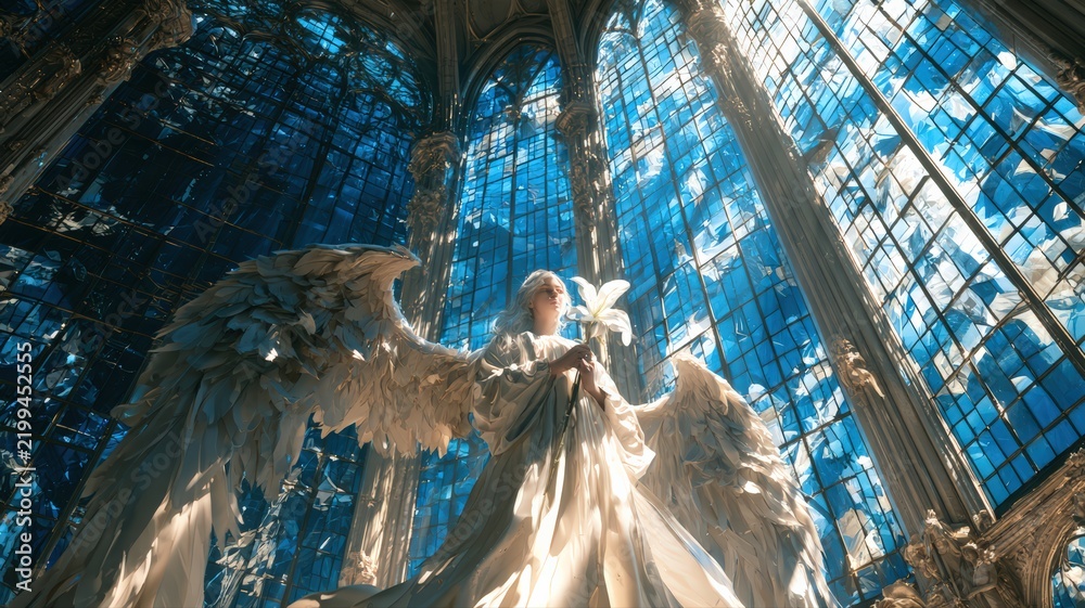 Fototapeta premium Angel Messenger Holding White Lily in Majestic Blue Stained Glass Sanctuary, Christian Sympathy and Hope