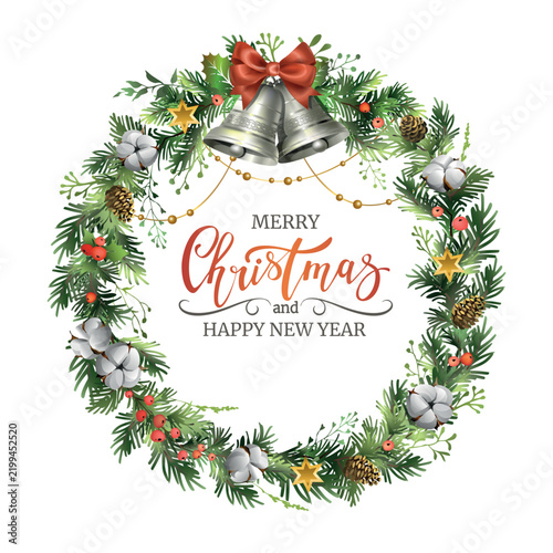 Christmas wreath with silver bells, red bow, pine cones and cotton flowers vector illustration. Decorative winter holiday floral frame with Merry Christmas lettering isolated on white background.