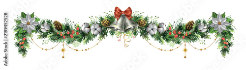 Long Christmas spruce garland with silver bells, red bow, white poinsettia, pine cones and cotton flowers vector illustration. Decorative winter holiday floral border with berries.