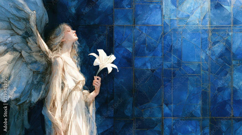 Obraz premium Watercolor Angel with White Lily and Blue Stained Glass, Sympathy and Memorial Christian Art