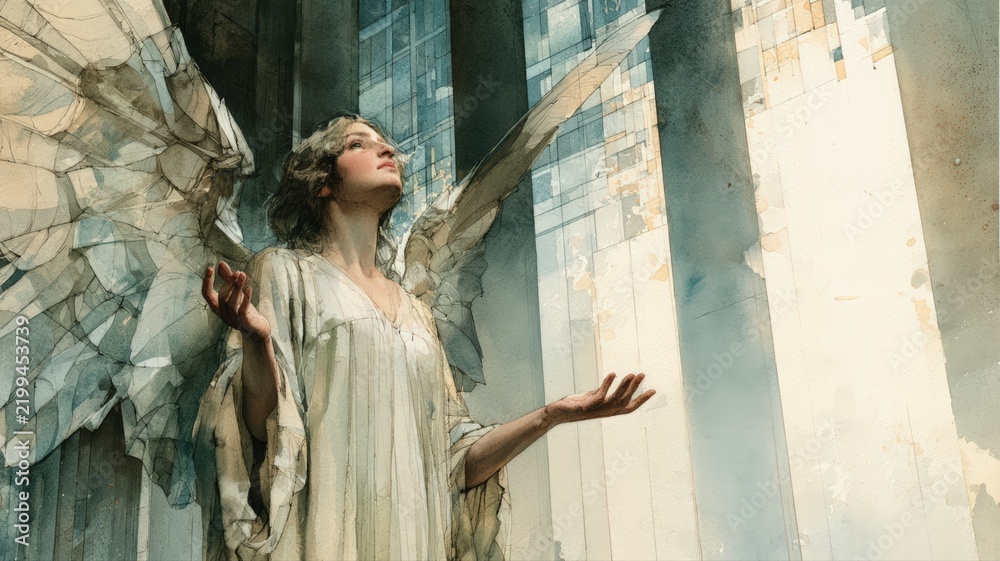 Fototapeta premium Watercolor Angel Messenger with Open Palms and Stained Glass Background, Christian Sympathy and Hope
