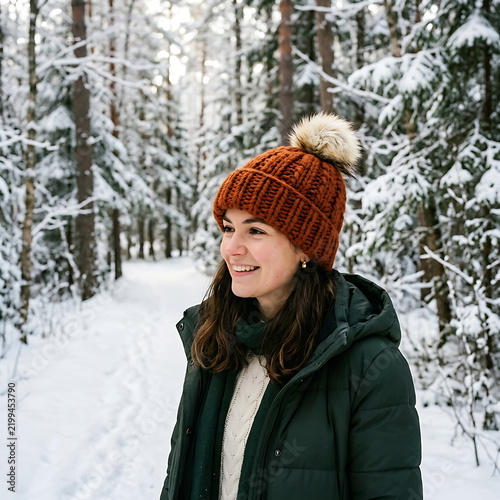 Happy Young Woman in Snowy Winter Forest with Knitted Hat