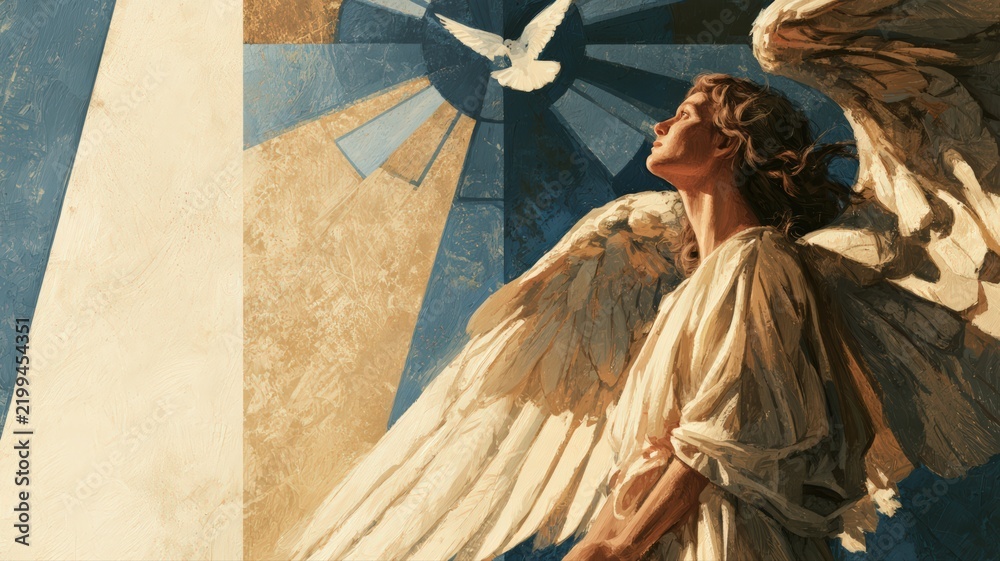 Obraz premium Angelic Messenger in Stained Glass Light with Dove, Memorial Christian Sympathy Art Background