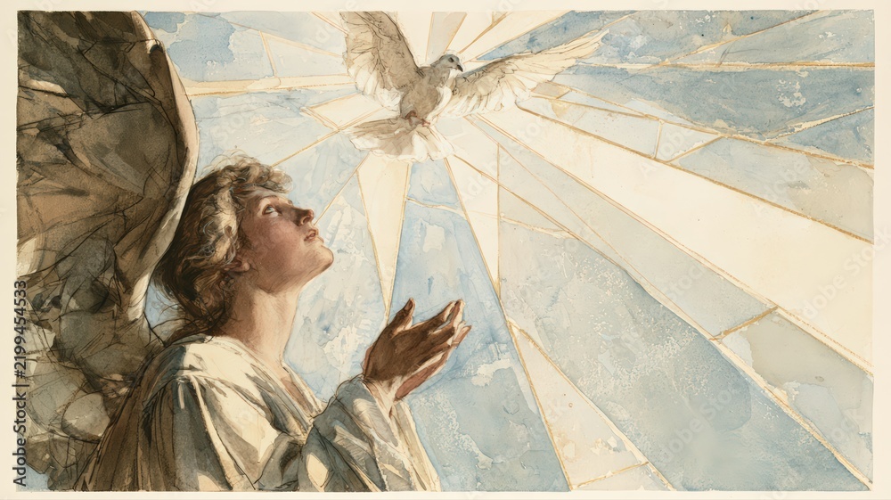 Fototapeta premium Watercolor Angel Messenger Looking Upward Toward Dove in Stained Glass Light, Sympathy and Memorial Christian Art