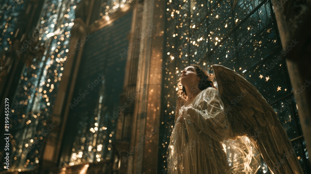 Fototapeta premium Memorial Angel Messenger in Stained Glass Cathedral, Folded Wings and Gentle Gaze, Comfort and Hope