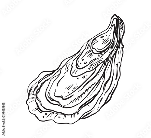Black and white oyster shell vector illustration. Minimalist seafood icon isolated on white background.	