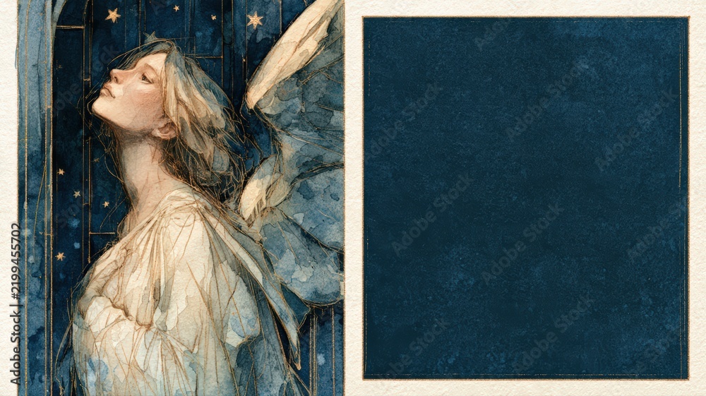Obraz premium Watercolor Angel Messenger Before Midnight Blue Stained Glass with Memorial Copy Space