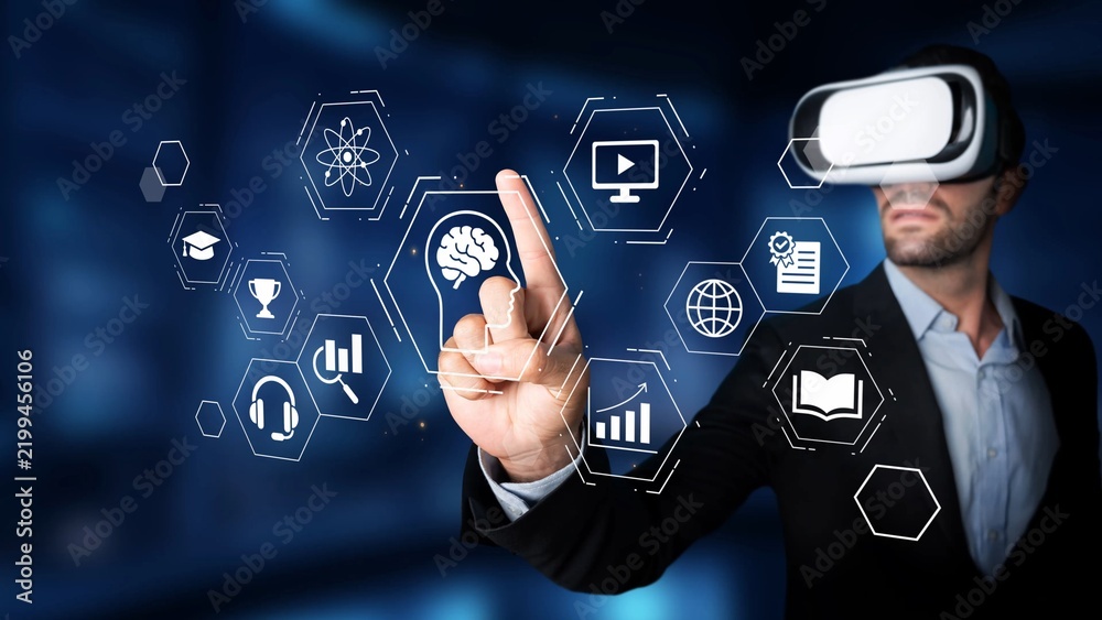 Obraz premium Man in Virtual Reality Headset Engaging with Digital Icons of Technology, Education, Science, and Business in Modern Futuristic Environment Gluon.