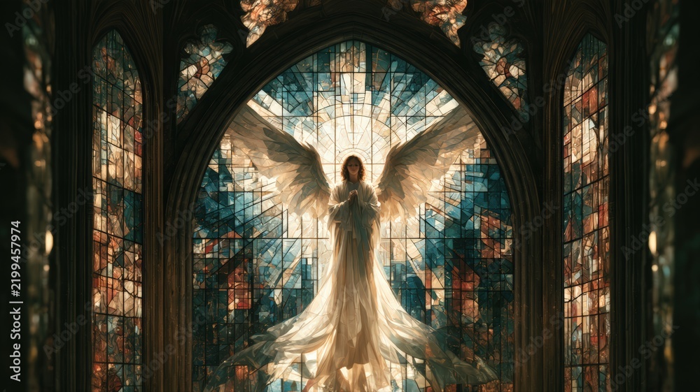 Fototapeta premium Heavenly Angel Messenger in Gothic Stained Glass Window, Christian Memorial and Sympathy Art