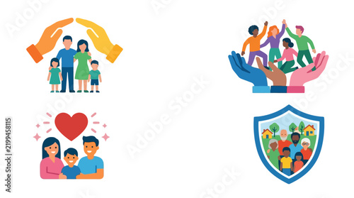 Family insurance and protection icons set, diverse community support and care vector illustrations, life safety and health coverage symbols
