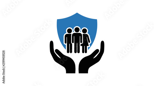 Family insurance icon with blue shield and protective hands, life coverage and security concept vector, people protection and safety symbol