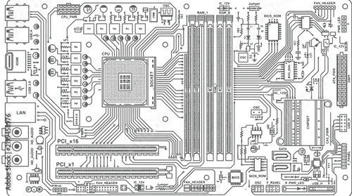 Detailed Schematic Diagram of a Computer Motherboard Circuit Board Layout vector illustration