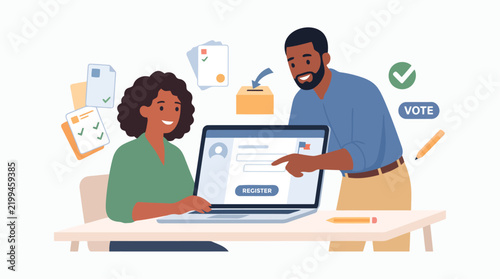 Diverse couple using a laptop to complete online voter registration and election ballot submission process