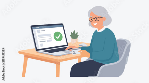 Senior woman using laptop for online banking and secure payment with credit card at home in flat style